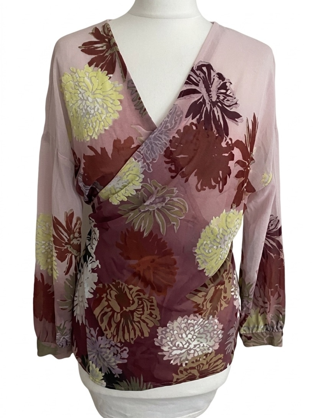Zara Floral Sheer Long Sleeve Kimono Wrap-Style Blouse S
